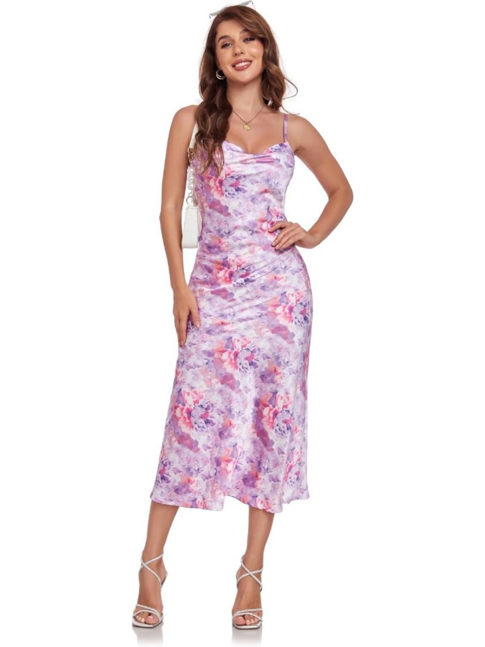 Chic Satin Silk Spaghetti Strap Midi Dress - Cowl Neck Party & Evening Wear